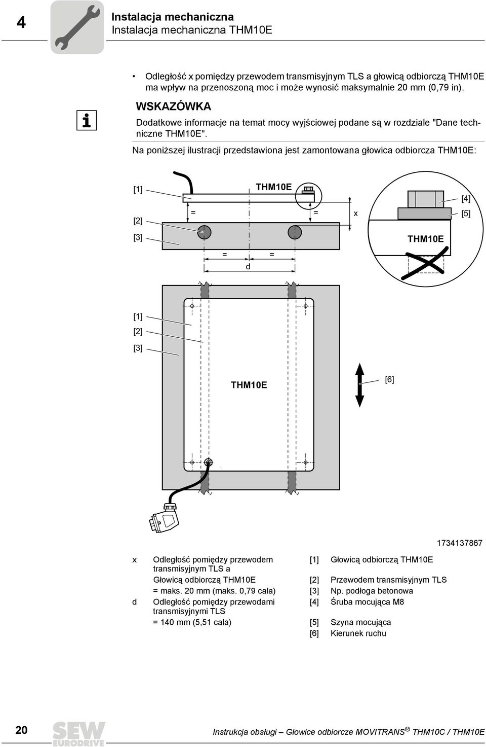 Na poniższej ilustracji przedstawiona jest zamontowana głowica odbiorcza THM10E: [1] THM10E [4] [2] = = x [5] [3] THM10E = d = [1] [2] [3] THM10E [6] 1734137867 x d Odległość pomiędzy przewodem [1]