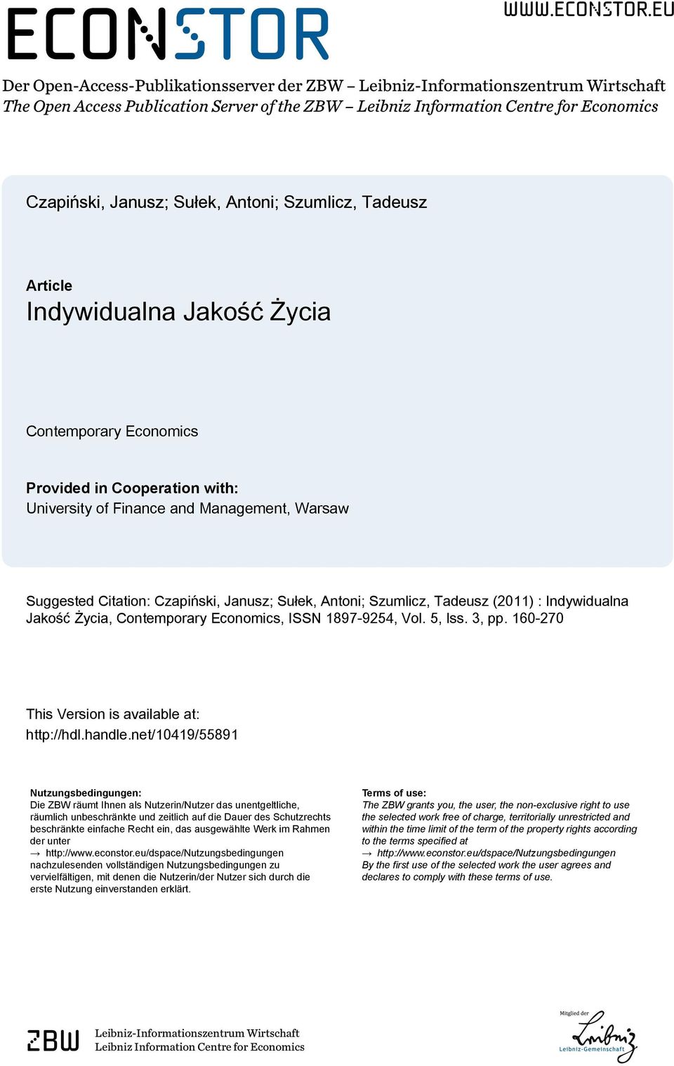 eu Der Open-Access-Publikationsserver der ZBW Leibniz-Informationszentrum Wirtschaft The Open Access Publication Server of the ZBW Leibniz Information Centre for Economics Czapiński, Janusz; Sułek,