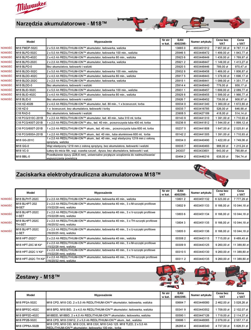 , walizka 25923 6 4933448449 1 439,00 zł 1 769,97 zł NOWOŚĆ M18 BLPD-202C 2 x 2,0 Ah REDLITHIUM-ION akumulator, ładowarka, walizka 25921 2 4933448447 1 149,00 zł 1 413,27 zł NOWOŚĆ M18 BLPD-0 Bez