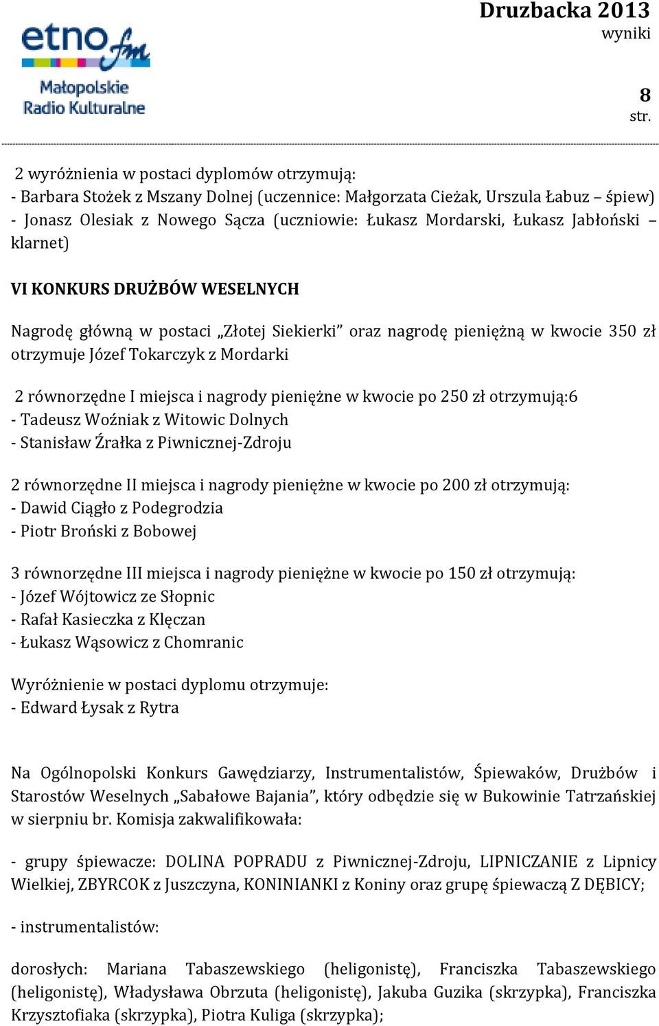 pieniężne w kwocie po 250 zł otrzymują:6 - Tadeusz Woźniak z Witowic Dolnych - Stanisław Źrałka z Piwnicznej-Zdroju 2 równorzędne II miejsca i nagrody pieniężne w kwocie po 200 zł otrzymują: - Dawid