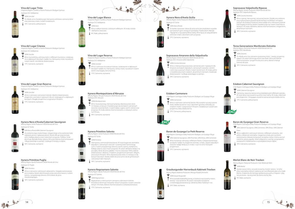 14ºC Czerwone, półwytrawne Vina del Lugar Blanco Itynera Nero d Avola Sicilia Apelacja: IGT Sicilia 100% Airen Wino o żółtym kolorze z zielonymi refleksami. W smaku świeże i delikatnie owocowe.