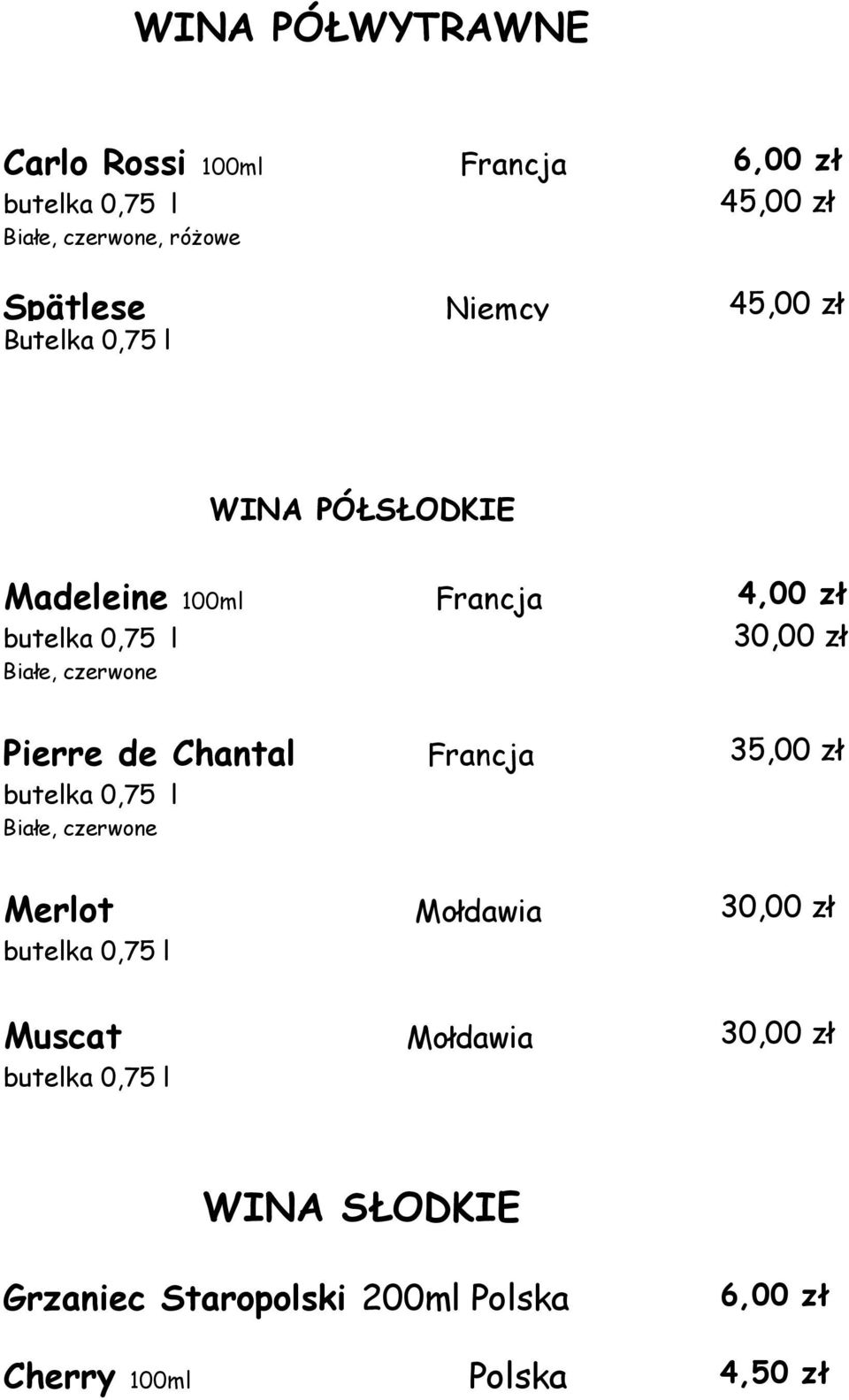 30,00 zł Pierre de Chantal Białe, czerwone Francja 3 Merlot Mołdawia 30,00 zł Muscat