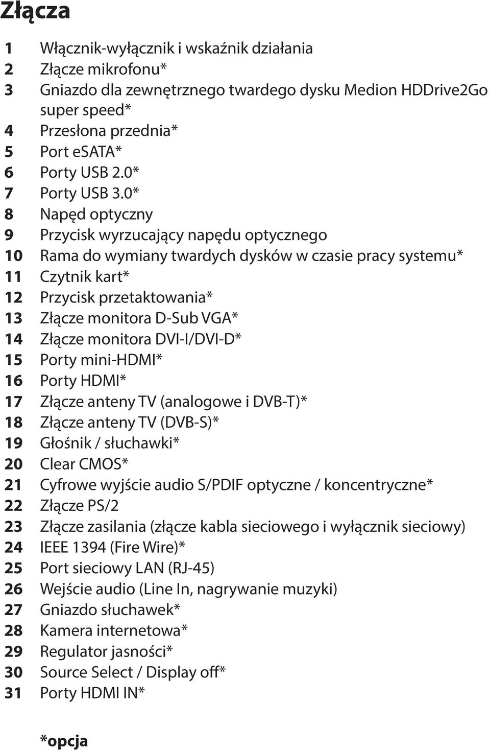 0* 8 Napęd optyczny 9 Przycisk wyrzucający napędu optycznego 10 Rama do wymiany twardych dysków w czasie pracy systemu* 11 Czytnik kart* 12 Przycisk przetaktowania* 13 Złącze monitora D-Sub VGA* 14