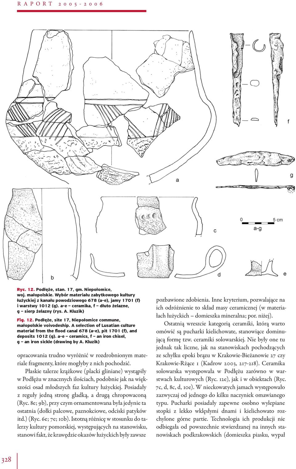 A selection of Lusatian culture material from the flood canal 678 (a-e), pit 1701 (f), and deposits 1012 (g). a-e ceramics, f an iron chisel, g an iron sickle (drawing by A.
