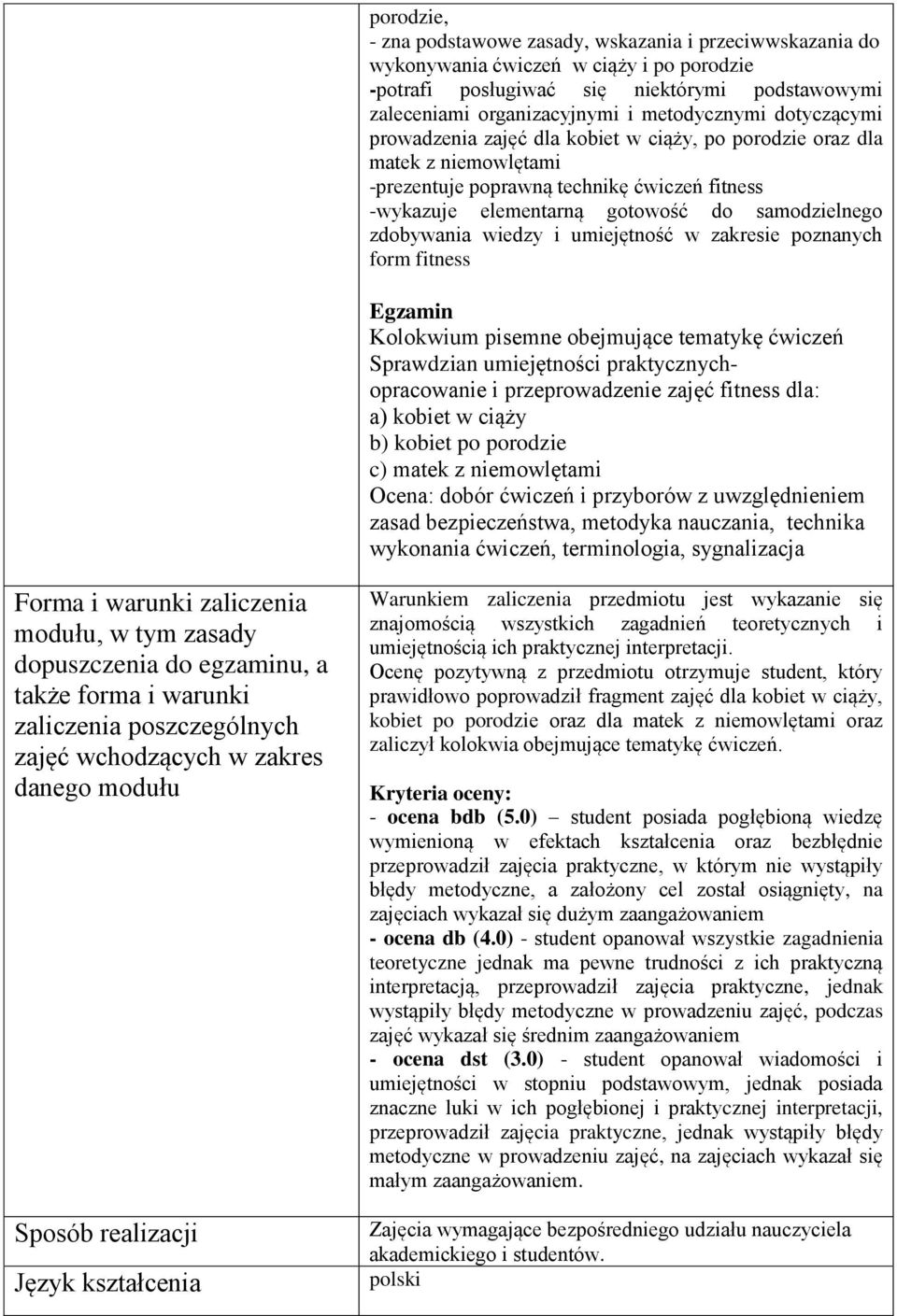 wiedzy i umiejętność w zakresie poznanych form fitness Egzamin Kolokwium pisemne obejmujące tematykę ćwiczeń Sprawdzian umiejętności praktycznychopracowanie i przeprowadzenie zajęć fitness dla: a)