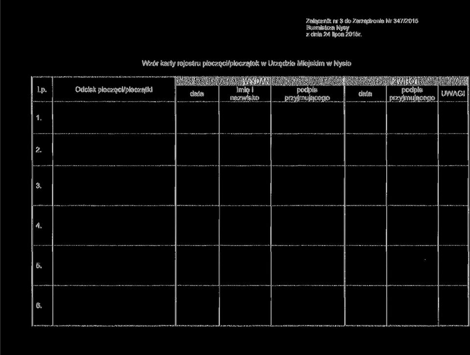 Wzór karty rejestru pieczęci/pieczątek w Urzędzie Miejskim w Nysie Lp-