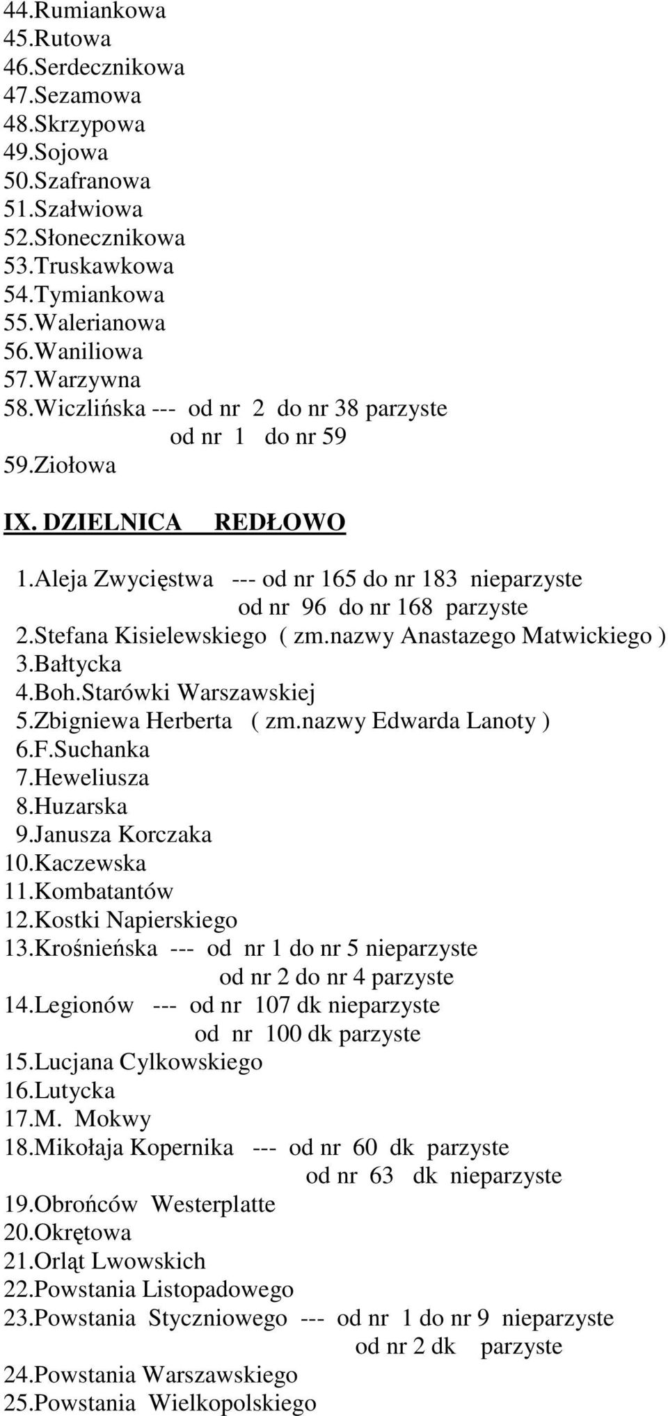 Stefana Kisielewskiego ( zm.nazwy Anastazego Matwickiego ) 3.Bałtycka 4.Boh.Starówki Warszawskiej 5.Zbigniewa Herberta ( zm.nazwy Edwarda Lanoty ) 6.F.Suchanka 7.Heweliusza 8.Huzarska 9.