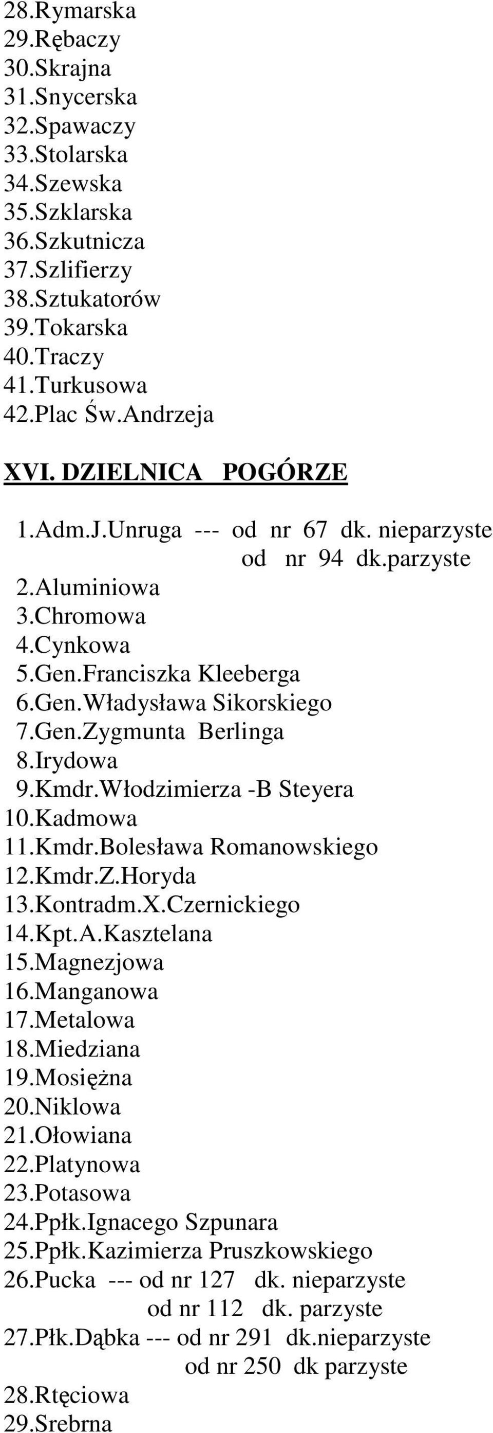 Irydowa 9.Kmdr.Włodzimierza -B Steyera 10.Kadmowa 11.Kmdr.Bolesława Romanowskiego 12.Kmdr.Z.Horyda 13.Kontradm.X.Czernickiego 14.Kpt.A.Kasztelana 15.Magnezjowa 16.Manganowa 17.Metalowa 18.