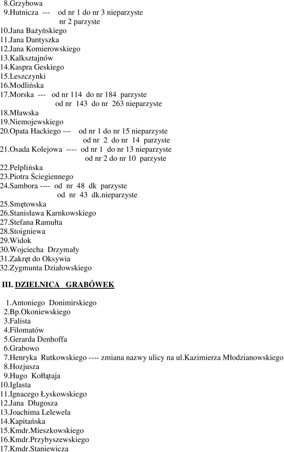 Osada Kolejowa ---- od nr 1 do nr 13 nieparzyste od nr 2 do nr 10 parzyste 22.Pelplińska 23.Piotra Ściegiennego 24.Sambora ---- od nr 48 dk parzyste od nr 43 dk.nieparzyste 25.Smętowska 26.