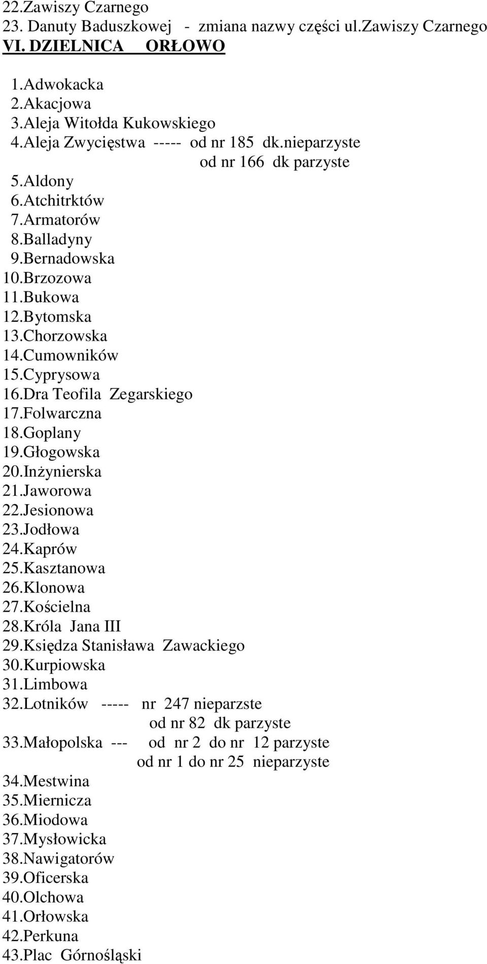 Folwarczna 18.Goplany 19.Głogowska 20.Inżynierska 21.Jaworowa 22.Jesionowa 23.Jodłowa 24.Kaprów 25.Kasztanowa 26.Klonowa 27.Kościelna 28.Króla Jana III 29.Księdza Stanisława Zawackiego 30.