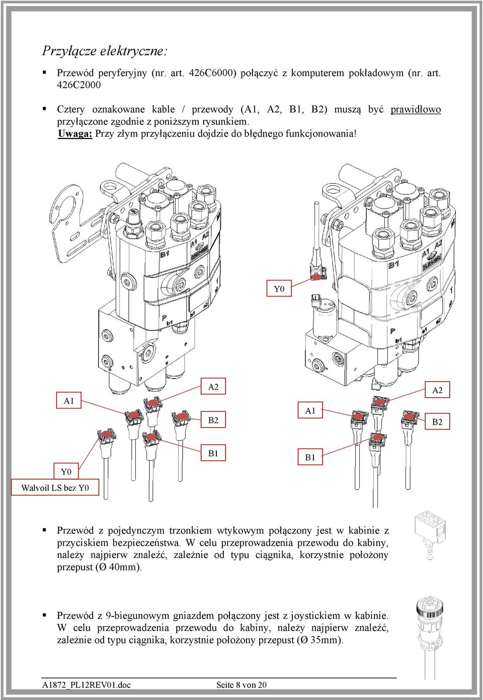 Y0 A1 A2 B2 A1 A2 B2 B1 B1 Y0 Walvoil LS bez Y0 Przewód z pojedynczym trzonkiem wtykowym połączony jest w kabinie z przyciskiem bezpieczeństwa.