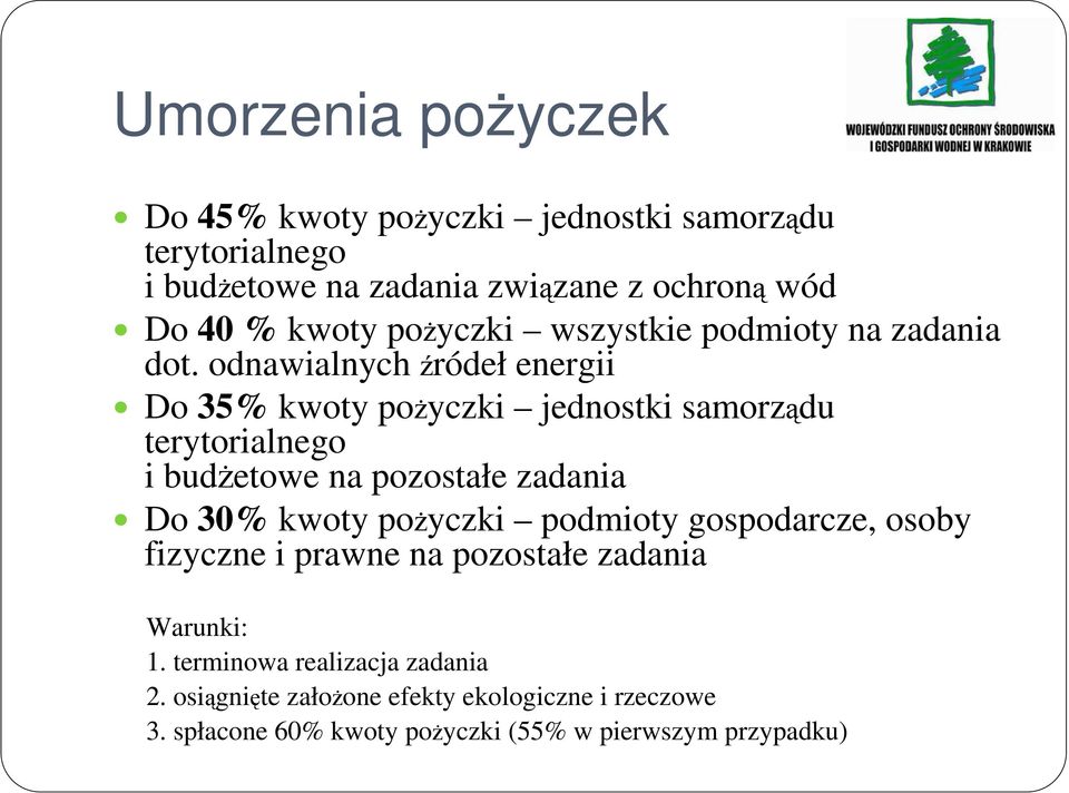 odnawialnych źródeł energii Do 35% kwoty poŝyczki jednostki samorządu terytorialnego i budŝetowe na pozostałe zadania Do 30% kwoty