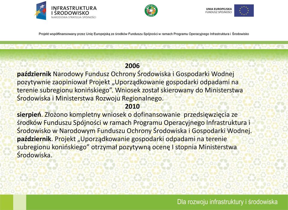 Złożono kompletny wniosek o dofinansowanie przedsięwzięcia ze środków Funduszu Spójności w ramach Programu Operacyjnego Infrastruktura i Środowisko w Narodowym