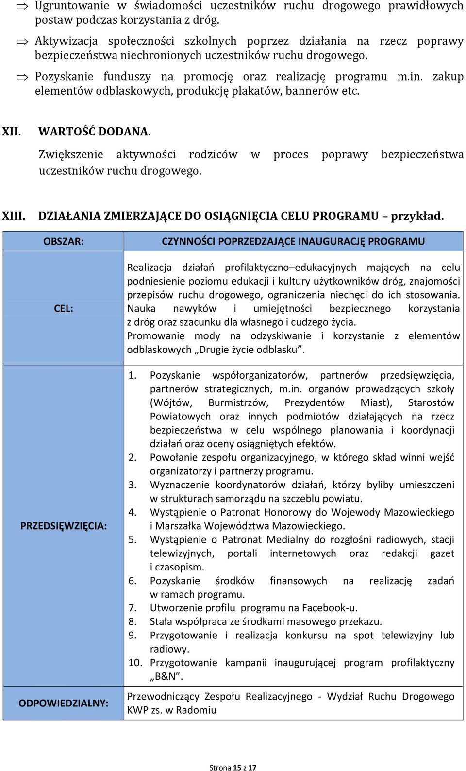 zakup elementów odblaskowych, produkcję plakatów, bannerów etc. XII. WARTOŚĆ DODANA. Zwiększenie aktywności rodziców w proces poprawy bezpieczeństwa uczestników ruchu drogowego. XIII.