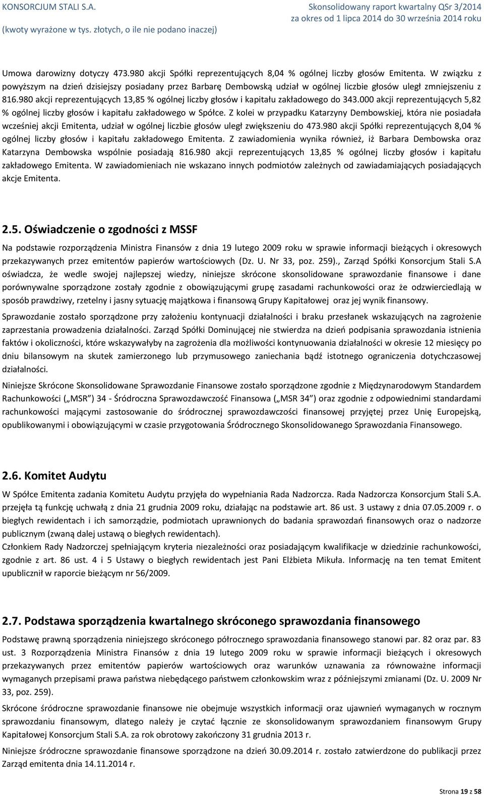 980 akcji reprezentujących 13,85 % ogólnej liczby głosów i kapitału zakładowego do 343.000 akcji reprezentujących 5,82 % ogólnej liczby głosów i kapitału zakładowego w Spółce.