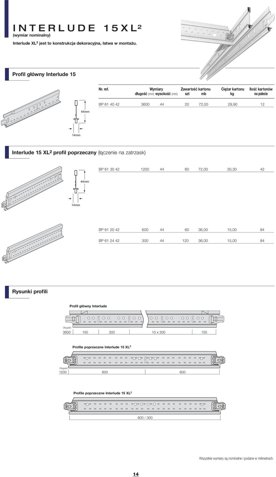 15 XL 2 profil poprzeczny (łączenie na zatrzask) BP 61 30 42 10 44 60 72,00 30,30 42 44mm 14mm BP 61 42 600 44 60 36,00 15,00 84 BP 61 24 42 300 44 1 36,00