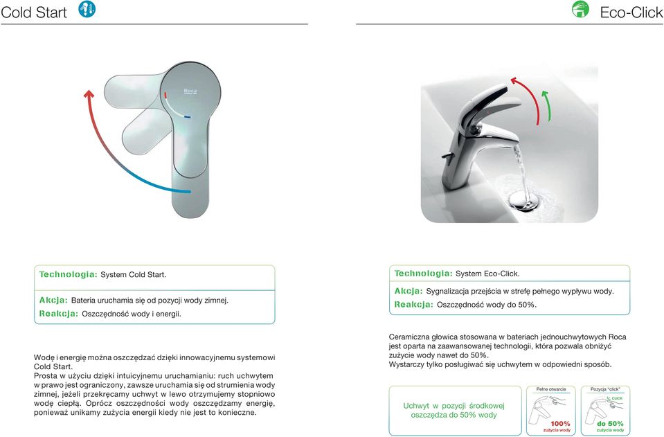 Prosta w użyciu dzięki intuicyjnemu uruchamianiu: ruch uchwytem w prawo jest ograniczony, zawsze uruchamia się od strumienia wody zimnej, jeżeli przekręcamy uchwyt w lewo otrzymujemy stopniowo wodę