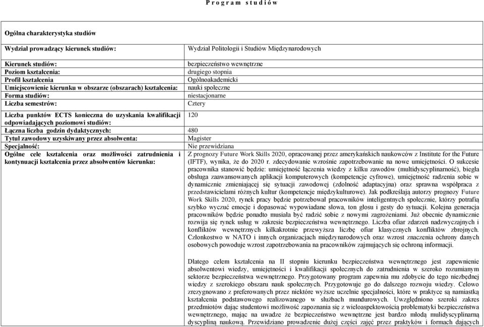 punktów ECTS konieczna do uzyskania kwalifikacji 120 odpowiadających poziomowi studiów: Łączna liczba godzin dydaktycznych: 480 Tytuł zawodowy uzyskiwany przez absolwenta: Magister Specjalność: Nie