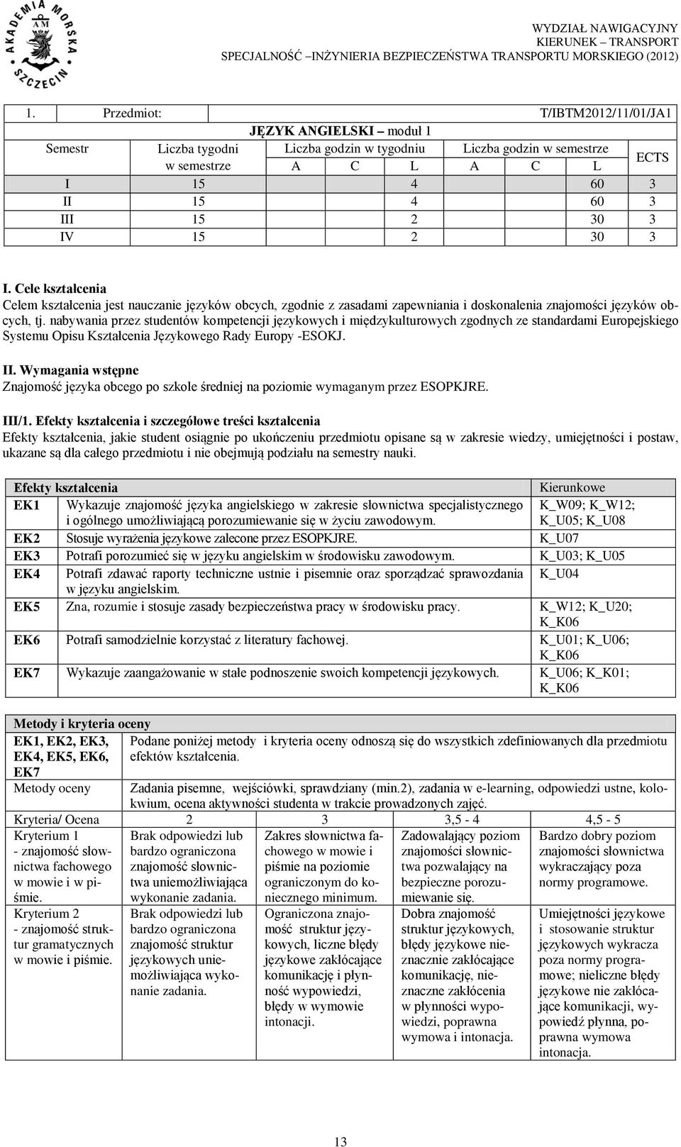 nabywania przez studentów kompetencji językowych i międzykulturowych zgodnych ze standardami Europejskiego Systemu Opisu Kształcenia Językowego Rady Europy -ESOKJ. II.
