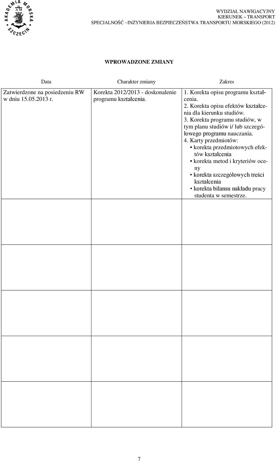 3. Korekta programu studiów, w tym planu studiów i/ lub szczegółowego programu nauczania. 4.