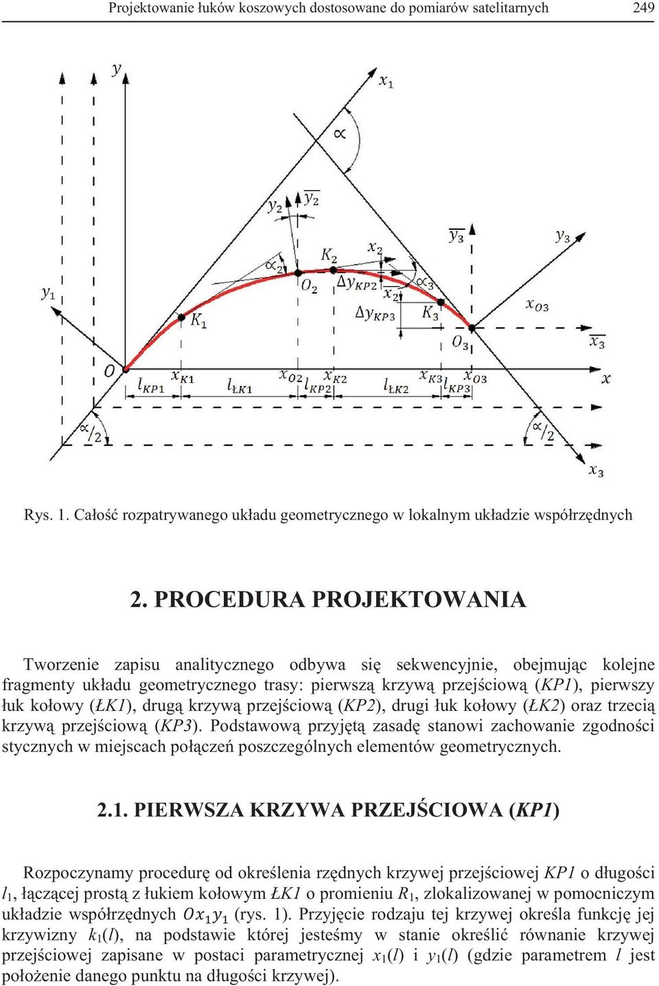 przejciow (KP2), drugi uk koowy (K2) oraz trzeci krzyw przejciow (KP3). Podstawow przyjt zasad stanowi zachowanie zgodnoci stycznych w miejscach pocze poszczególnych elementów geometrycznych. 2.1.