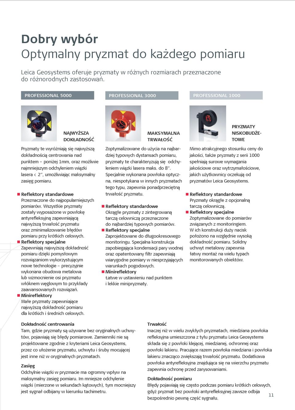 poniżej 1mm, oraz możliwie najmniejszym odchyleniem wiązki lasera < 2, umożliwiając maksymalny zasięg pomiaru. Reflektory standardowe Przeznaczone do najpopularniejszych pomiarów.