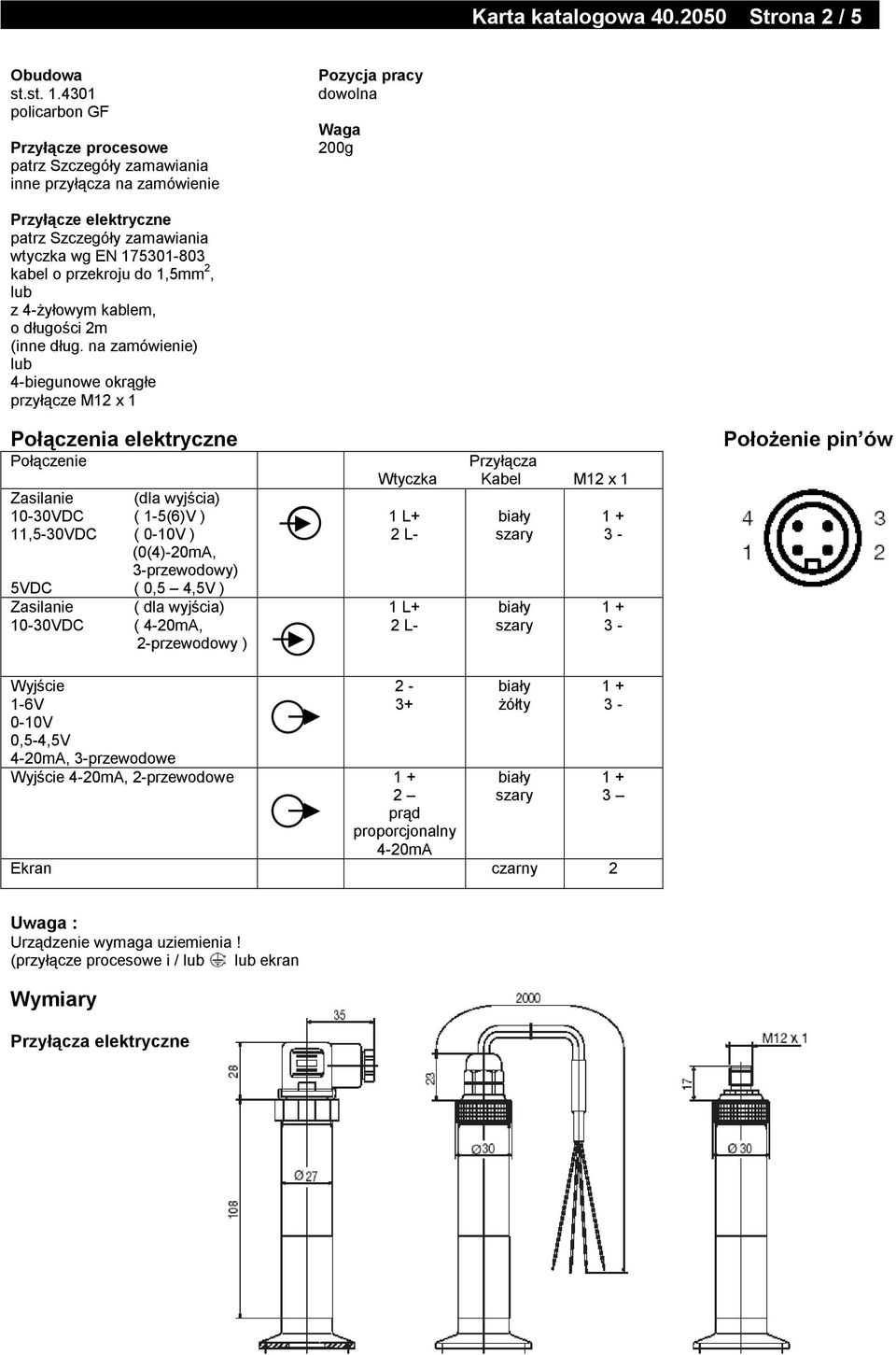 175301-803 kabel o przekroju do 1,5mm 2, lub z 4-żyłowym kablem, o długości 2m (inne dług.