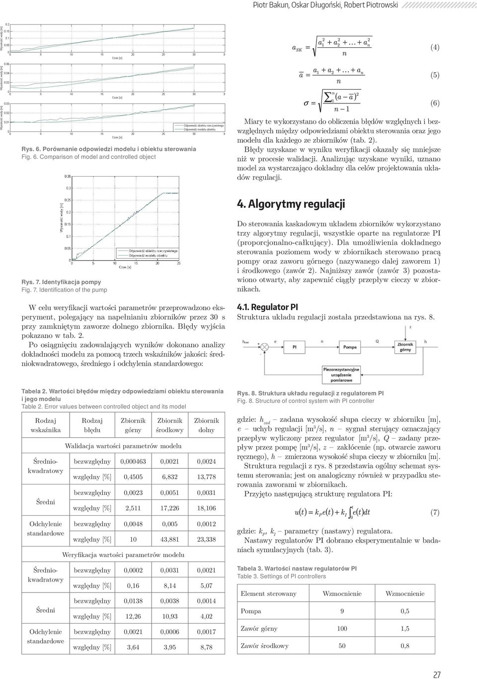 Comparison of model and controlled object Miary te wykorzystano do obliczenia błędów względnych i bezwzględnych między odpowiedziami obiektu sterowania oraz jego modelu dla każdego ze zbiorników (tab.