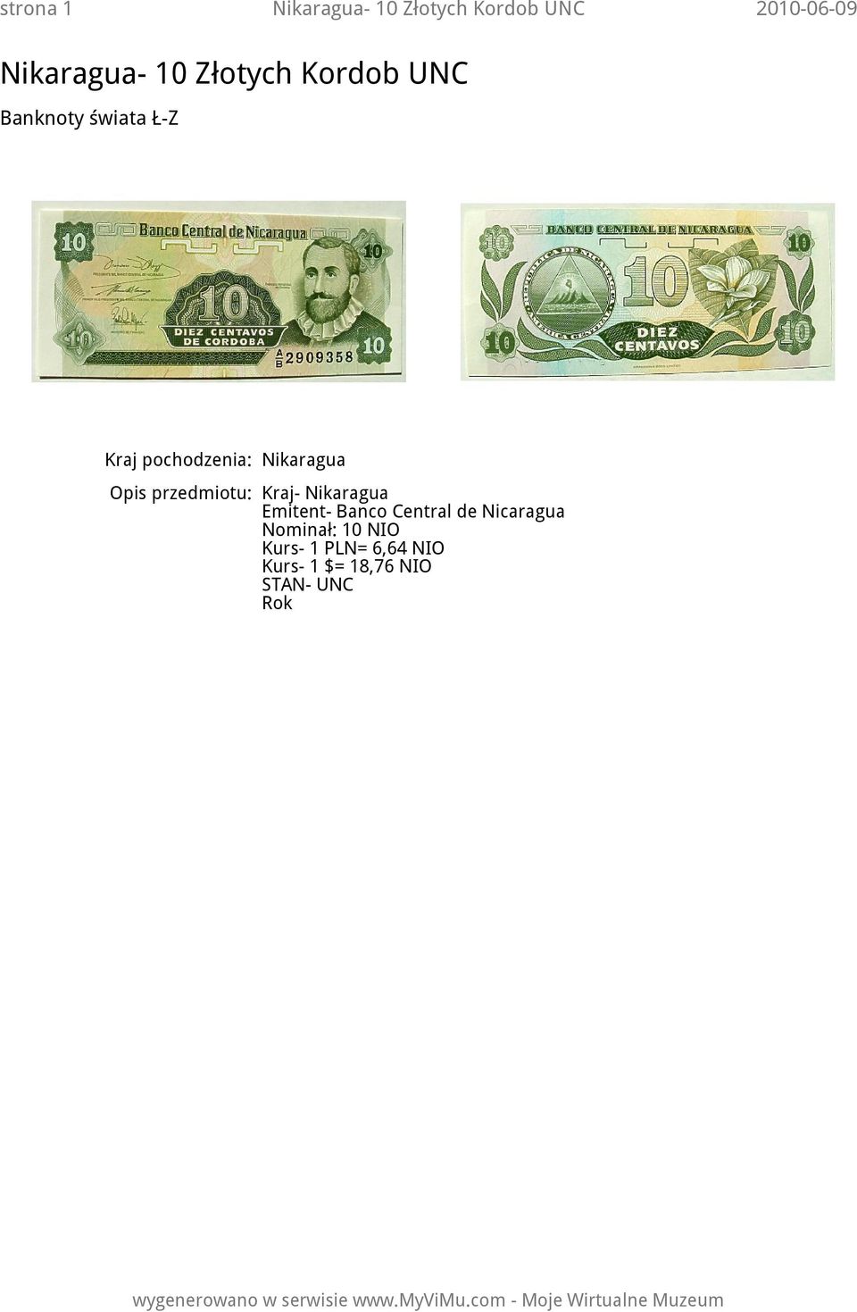 Opis przedmiotu: Kraj- Nikaragua Emitent- Banco Central de