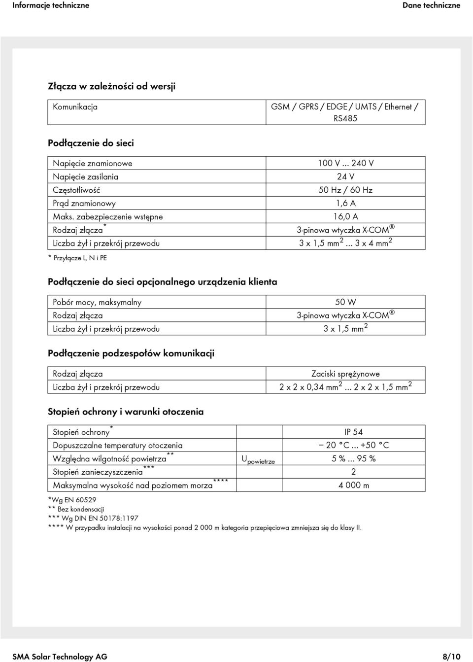 zabezpieczenie wstępne 16,0 A Rodzaj złącza * 3-pinowa wtyczka X-COM Liczba żył i przekrój przewodu 3 x 1,5 mm 2 3x4mm 2 * Przyłącze L, N i PE Podłączenie do sieci opcjonalnego urządzenia klienta