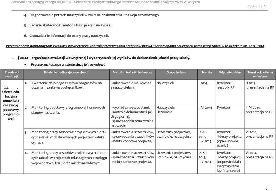 Przedmiot oraz harmonogram ewaluacji wewnętrznej, kontroli przestrzegania przepisów prawa i wspomagania nauczycieli w realizacji zadań w roku szkolnym 2013