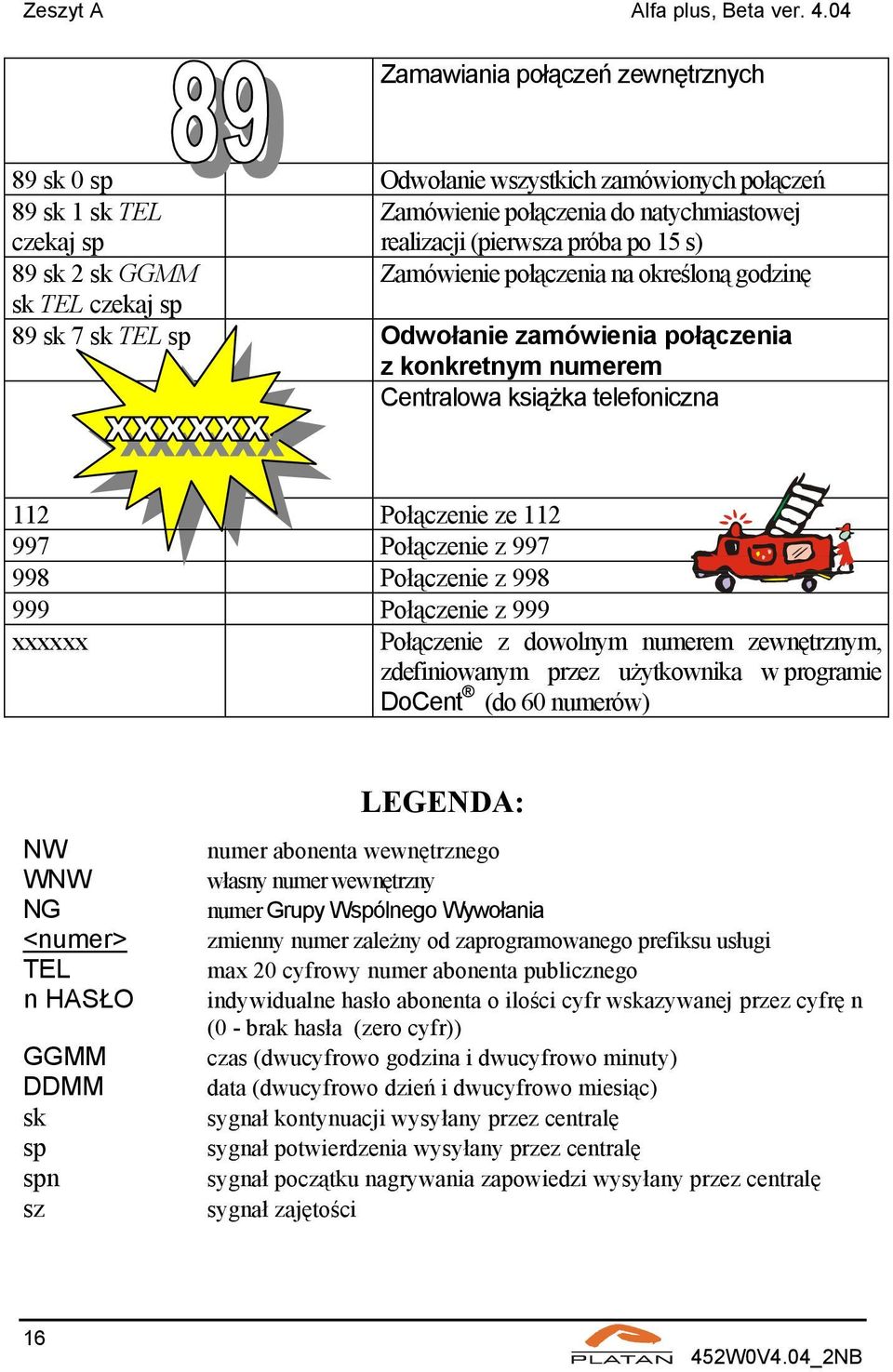 sk GGMM Zamówienie połączenia na określoną godzinę sk TEL czekaj sp 89 sk 7 sk TEL sp Odwołanie zamówienia połączenia z konkretnym numerem Centralowa książka telefoniczna 112 Połączenie ze 112 997