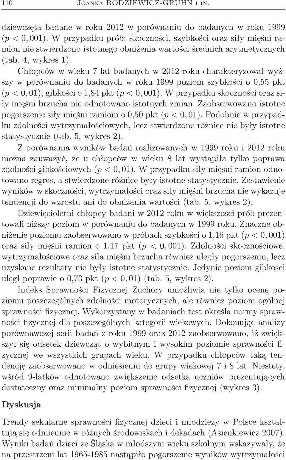 Chłopców w wieku 7 lat badanych w 2012 roku charakteryzował wyższy w porównaniu do badanych w roku 1999 poziom szybkości o 0,55 pkt (p <0, 01), gibkości o 1,84 pkt (p <0, 001).