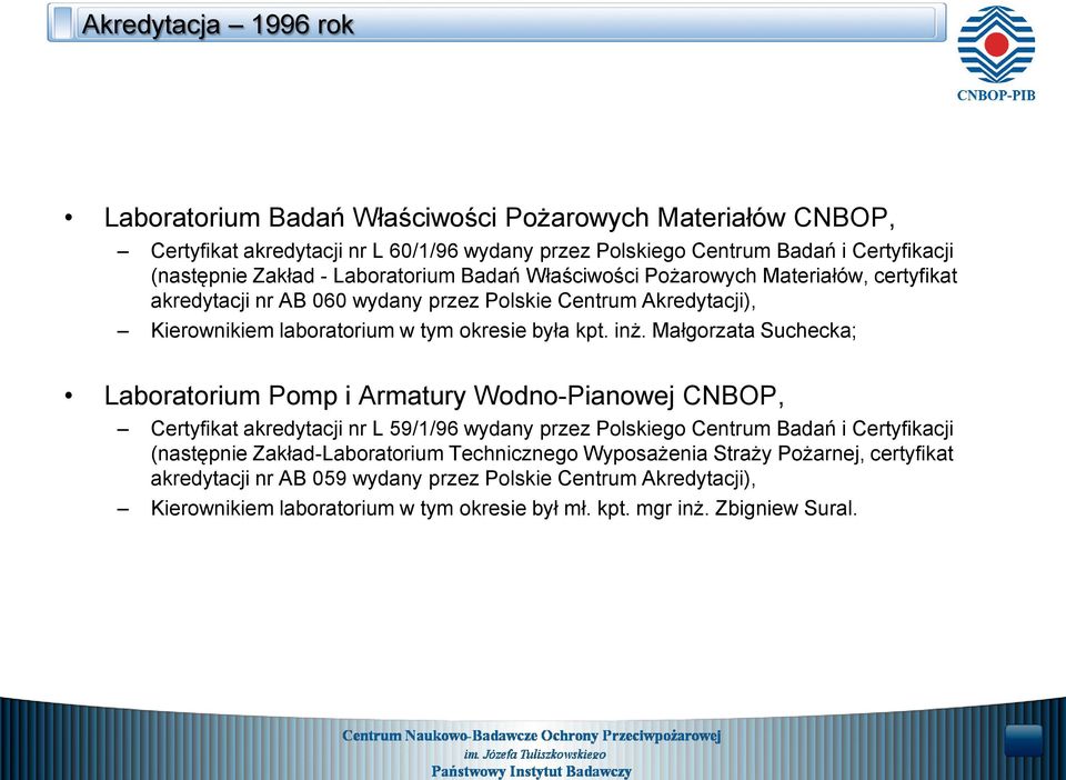Małgorzata Suchecka; Laboratorium Pomp i Armatury Wodno-Pianowej CNBOP, Certyfikat akredytacji nr L 59/1/96 wydany przez Polskiego Centrum Badań i Certyfikacji (następnie