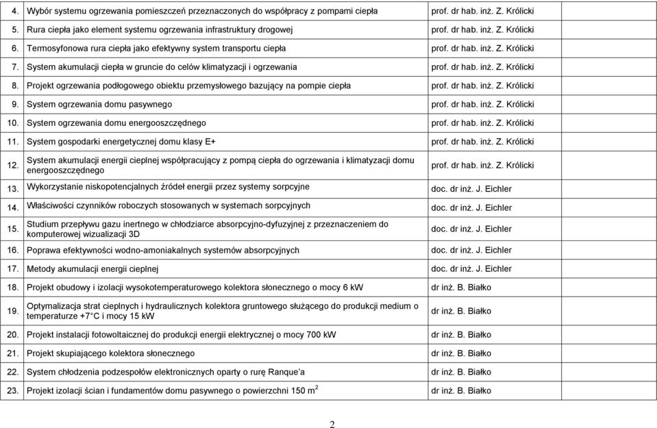 Projekt ogrzewania podłogowego obiektu przemysłowego bazujący na pompie ciepła prof. dr hab. inż. Z. Królicki 9. System ogrzewania domu pasywnego prof. dr hab. inż. Z. Królicki 10.