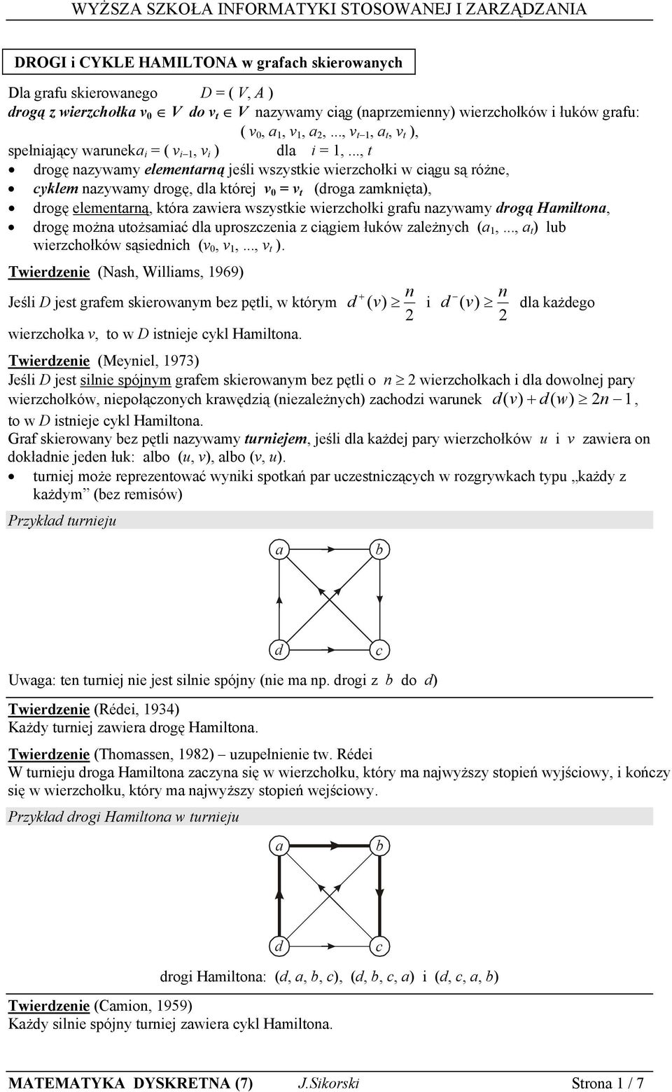 łuków leżnh (,..., ) lu wierhołków ąienih ( 0,,..., ). Twierenie (Nh, Willim, 969) + n n Jeśli D je grfem kierownm e pęli, w kórm ( ) i ( ) l kżego wierhołk, o w D inieje kl Hmilon.
