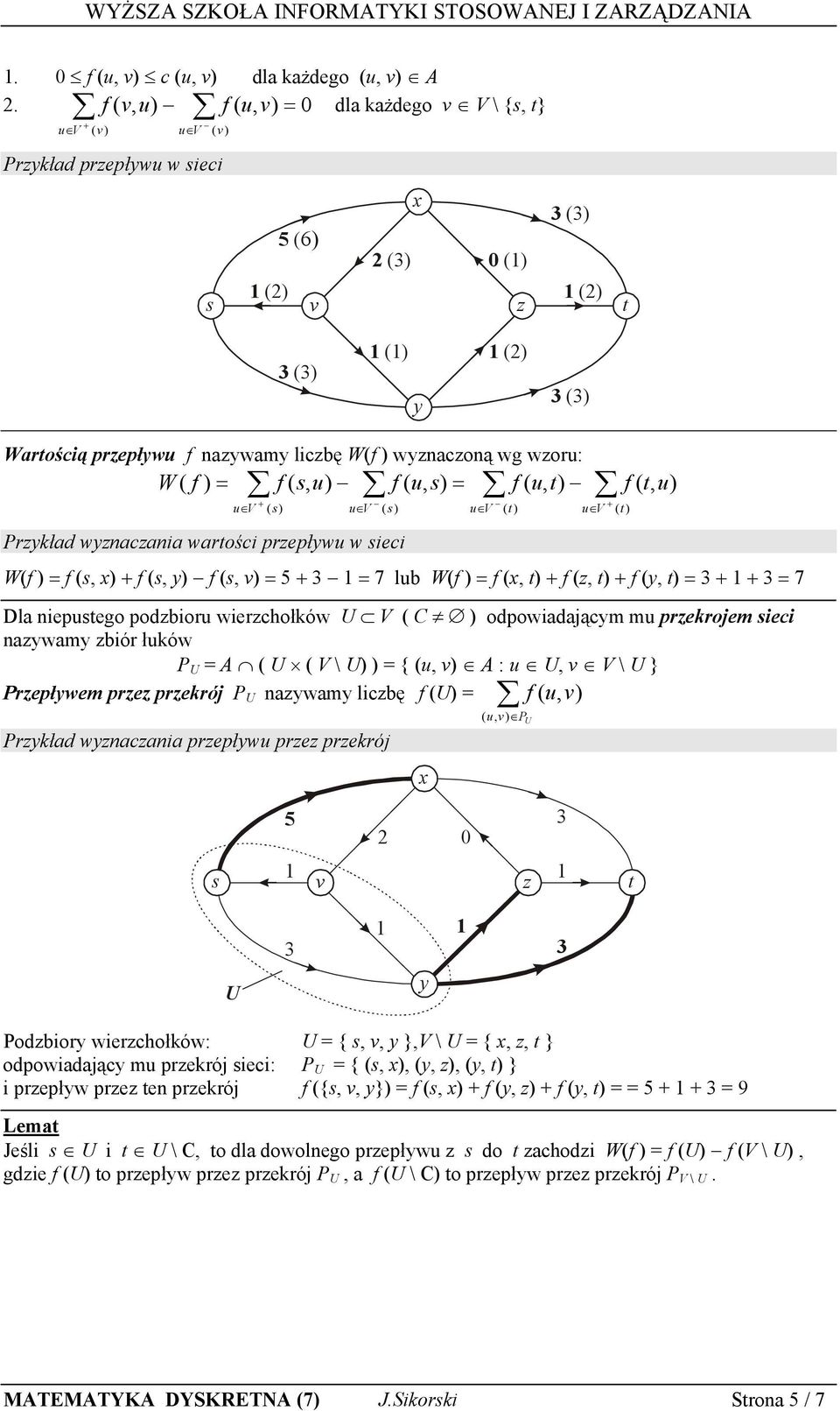 Prkł wnni wrośi prepłwu w iei ( ) f (, u) W(f ) = f (, ) + f (, ) f (, ) = 5 + = 7 lu W(f ) = f (, ) + f (, ) + f (, ) = + + = 7 Dl niepuego poioru wierhołków V ( C ) opowijąm mu prekrojem iei nwm