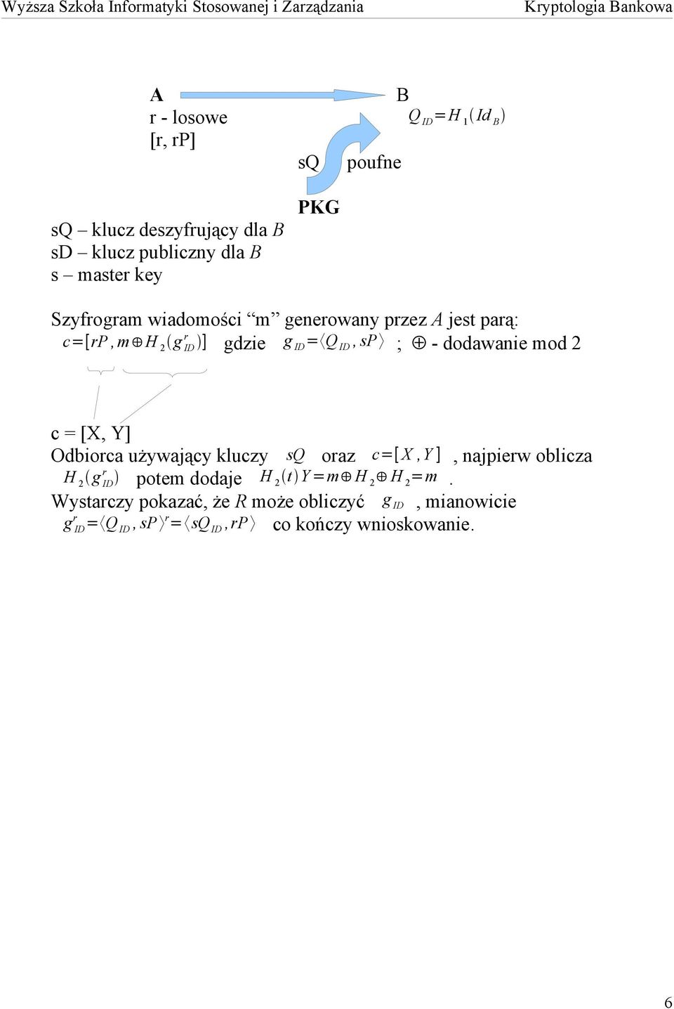 c = [X, Y] Odbiorca używający kluczy sq oraz c=[ X, Y ], najpierw oblicza H 2 g r ID potem dodaje H 2 t Y =m H 2 H 2