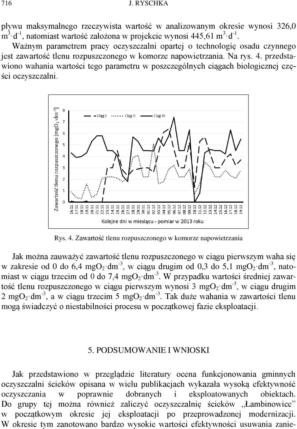 przedstawiono wahania wartości tego parametru w poszczególnych ciągach biologicznej części oczyszczalni. Rys. 4.