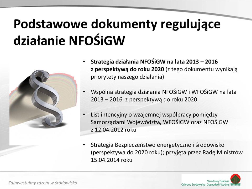 perspektywą do roku 2020 List intencyjny o wzajemnej współpracy pomiędzy Samorządami Województw, WFOŚiGW oraz NFOŚiGW z 12.04.