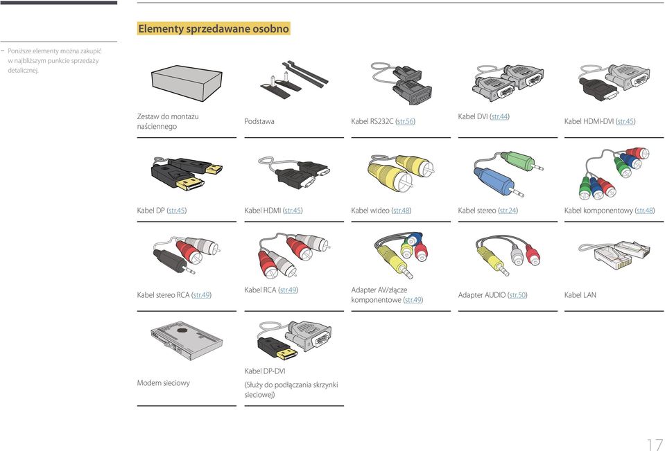 45) Kabel HDMI (str.45) Kabel wideo (str.48) Kabel stereo (str.24) Kabel komponentowy (str.48) Kabel stereo RCA (str.