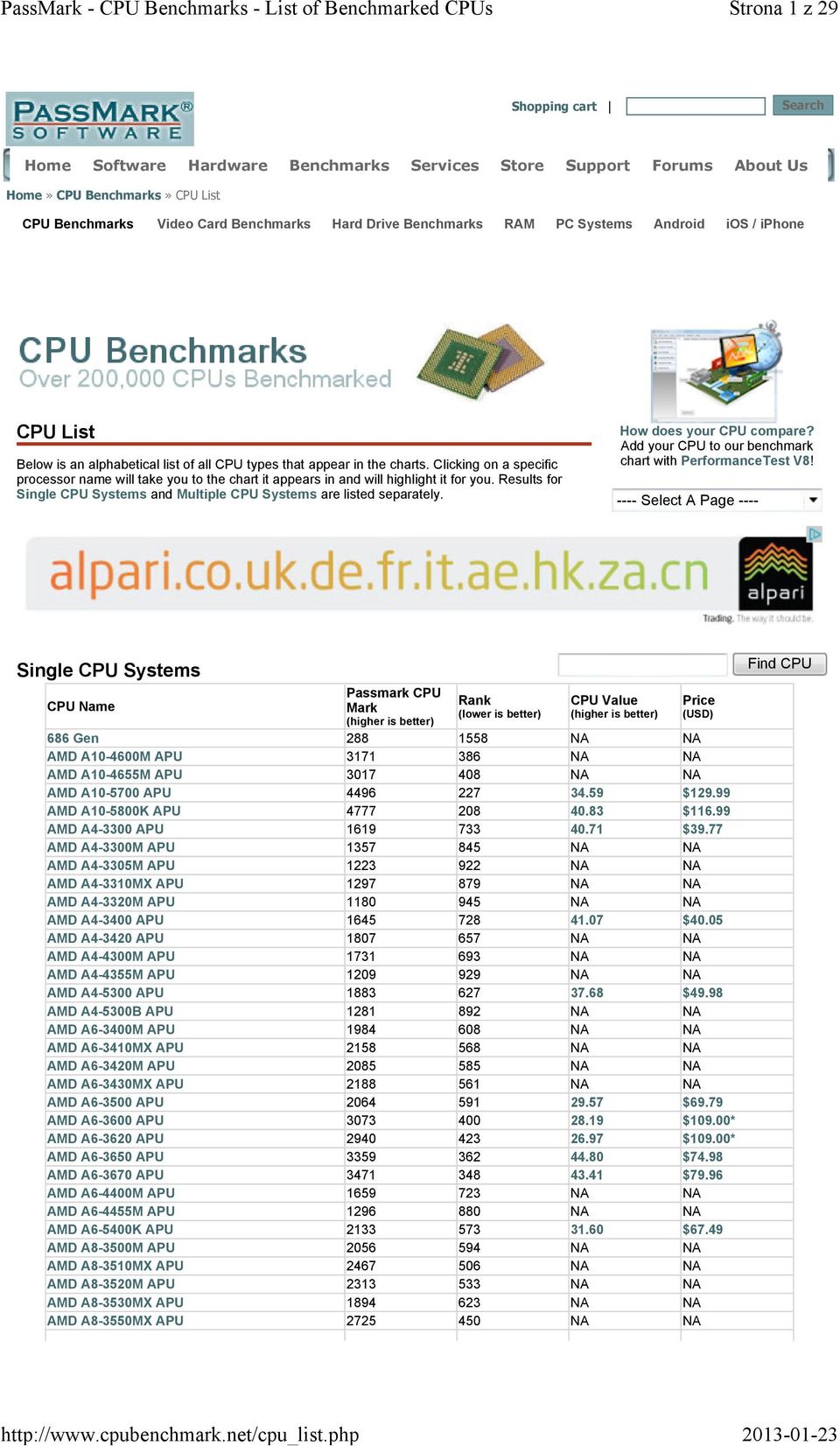 Clicking on a specific processor name will take you to the chart it appears in and will highlight it for you. Results for Single CPU Systems and Multiple CPU Systems are listed separately.