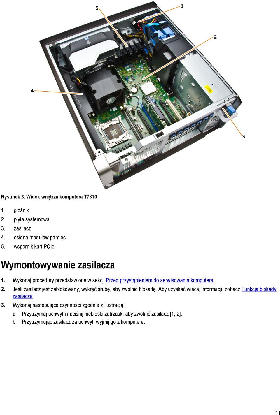 Jeśli zasilacz jest zablokowany, wykręć śrubę, aby zwolnić blokadę. Aby uzyskać więcej informacji, zobacz Funkcja blokady zasilacza. 3.