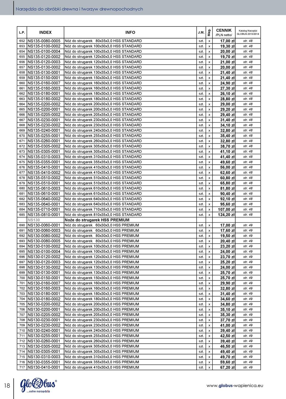 48 655 NS135-0120-0002 Nóż do strugarek 120x30x3,0 HSS STANDARD szt. x 19,70 zł str. 48 656 NS135-0120-0003 Nóż do strugarek 120x35x3,0 HSS STANDARD szt. x 21,00 zł str.