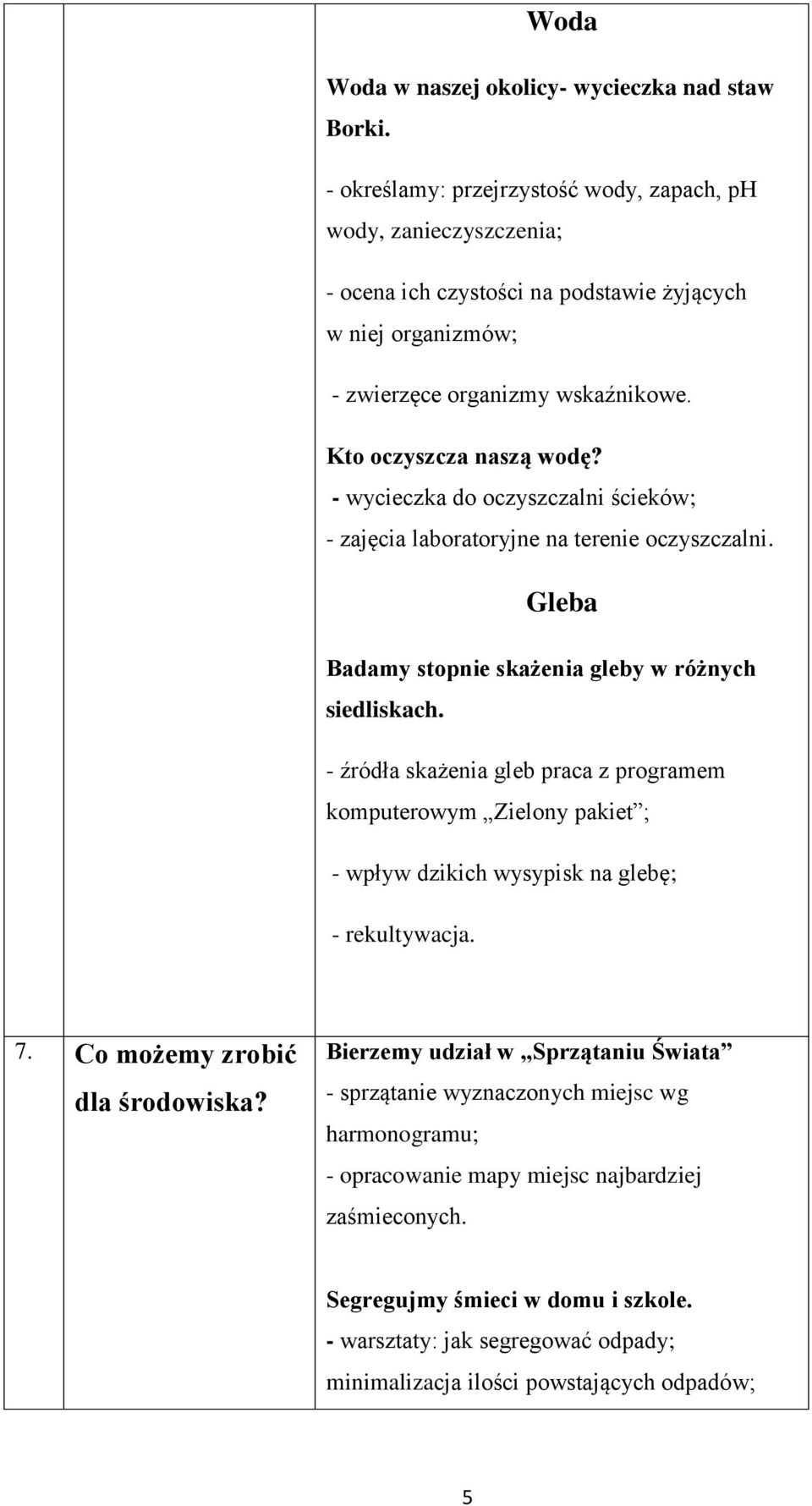 - wycieczka do oczyszczalni ścieków; - zajęcia laboratoryjne na terenie oczyszczalni. Gleba Badamy stopnie skażenia gleby w różnych siedliskach.