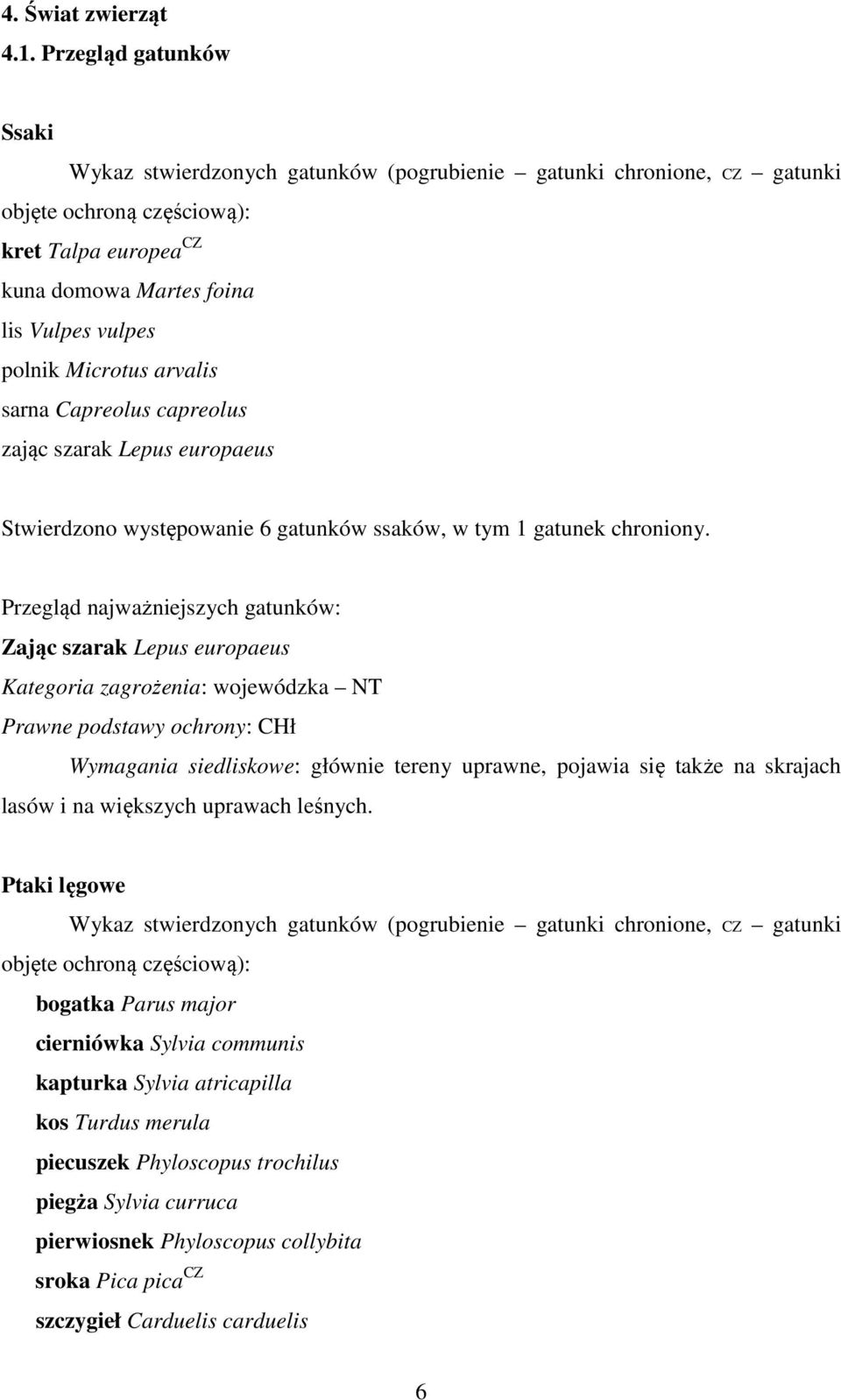 Microtus arvalis sarna Capreolus capreolus zając szarak Lepus europaeus Stwierdzono występowanie 6 gatunków ssaków, w tym 1 gatunek chroniony.