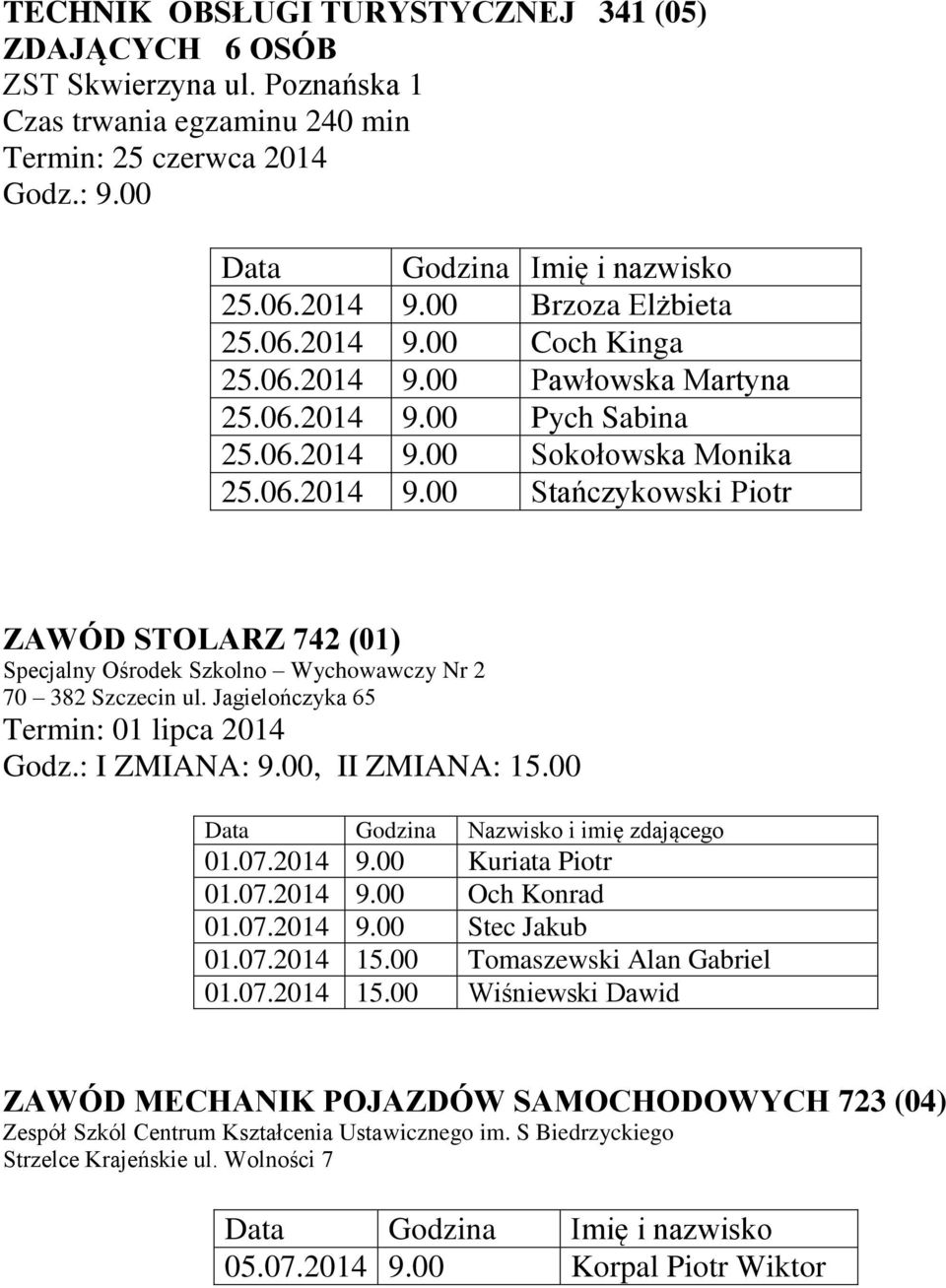 Jagielończyka 65 Termin: 01 lipca 2014 Godz.: I ZMIANA: 9.00, II ZMIANA: 15.00 Data Godzina Nazwisko i imię zdającego 01.07.2014 9.00 Kuriata Piotr 01.07.2014 9.00 Och Konrad 01.07.2014 9.00 Stec Jakub 01.