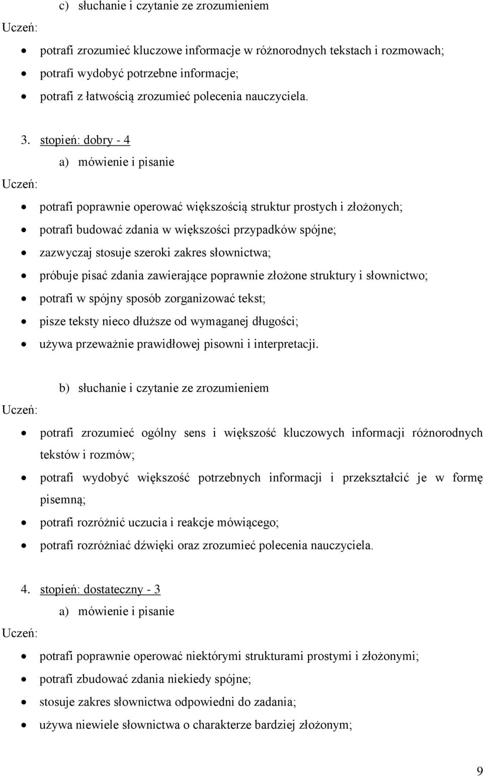 stopień: dobry - 4 a) mówienie i pisanie potrafi poprawnie operować większością struktur prostych i złożonych; potrafi budować zdania w większości przypadków spójne; zazwyczaj stosuje szeroki zakres