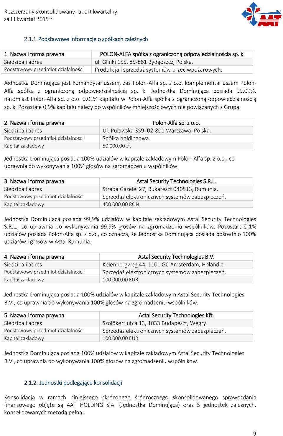 k. Jednostka Dominująca posiada 99,09%, natomiast Polon-Alfa sp. z o.o. 0,01% kapitału w Polon-Alfa spółka z ograniczoną odpowiedzialnością sp. k. Pozostałe 0,9% kapitału należy do wspólników mniejszościowych nie powiązanych z Grupą.