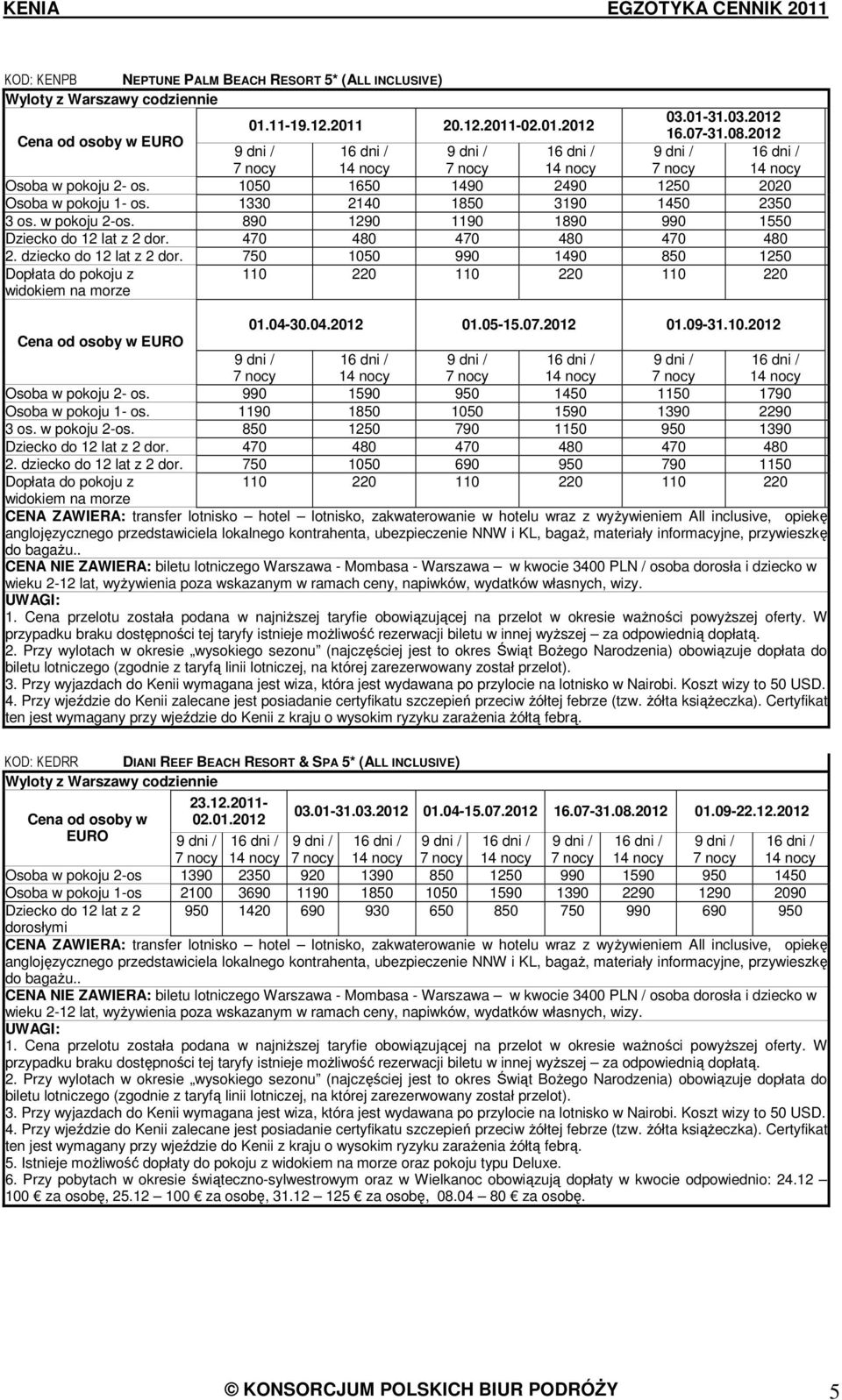 dziecko do 12 lat z 2 dor. 750 1050 990 1490 850 1250 Dopłata do pokoju z widokiem na morze 110 220 110 220 110 220 01.04-30.04.2012 01.05-15.07.2012 01.09-31.10.2012 Osoba w pokoju 2- os.